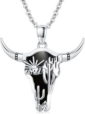 Women's Silver Black Onyx Sterling Pendant Highland Cow Skull Western Necklace
